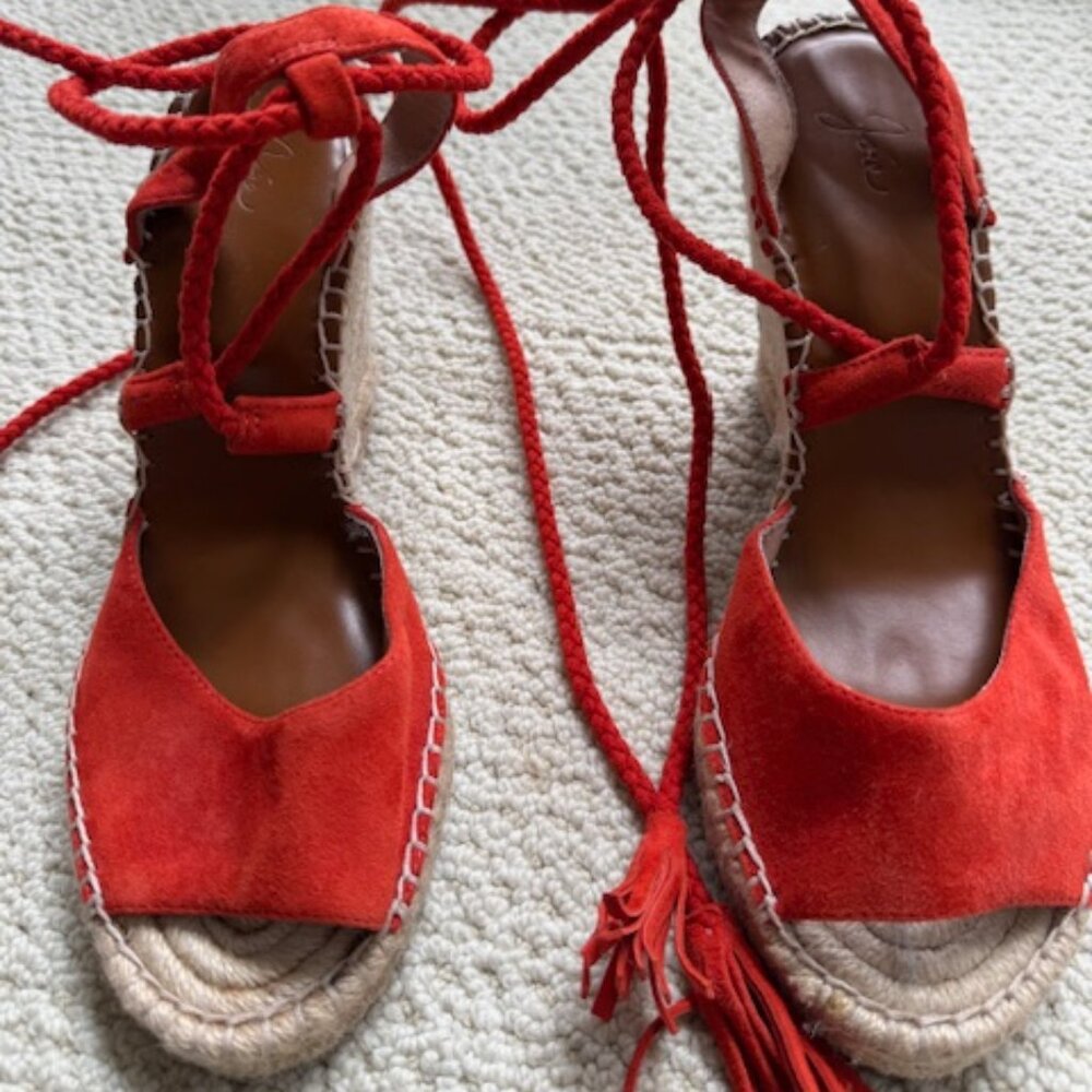 Joie Red Suede Espadrille Wedge Sandals Size 37.5/7.5
